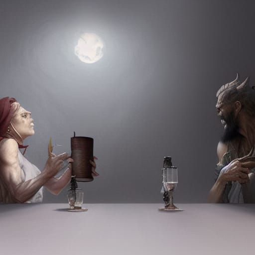 satan and god talking over a meal  by Greg Rutkowski intrica...
