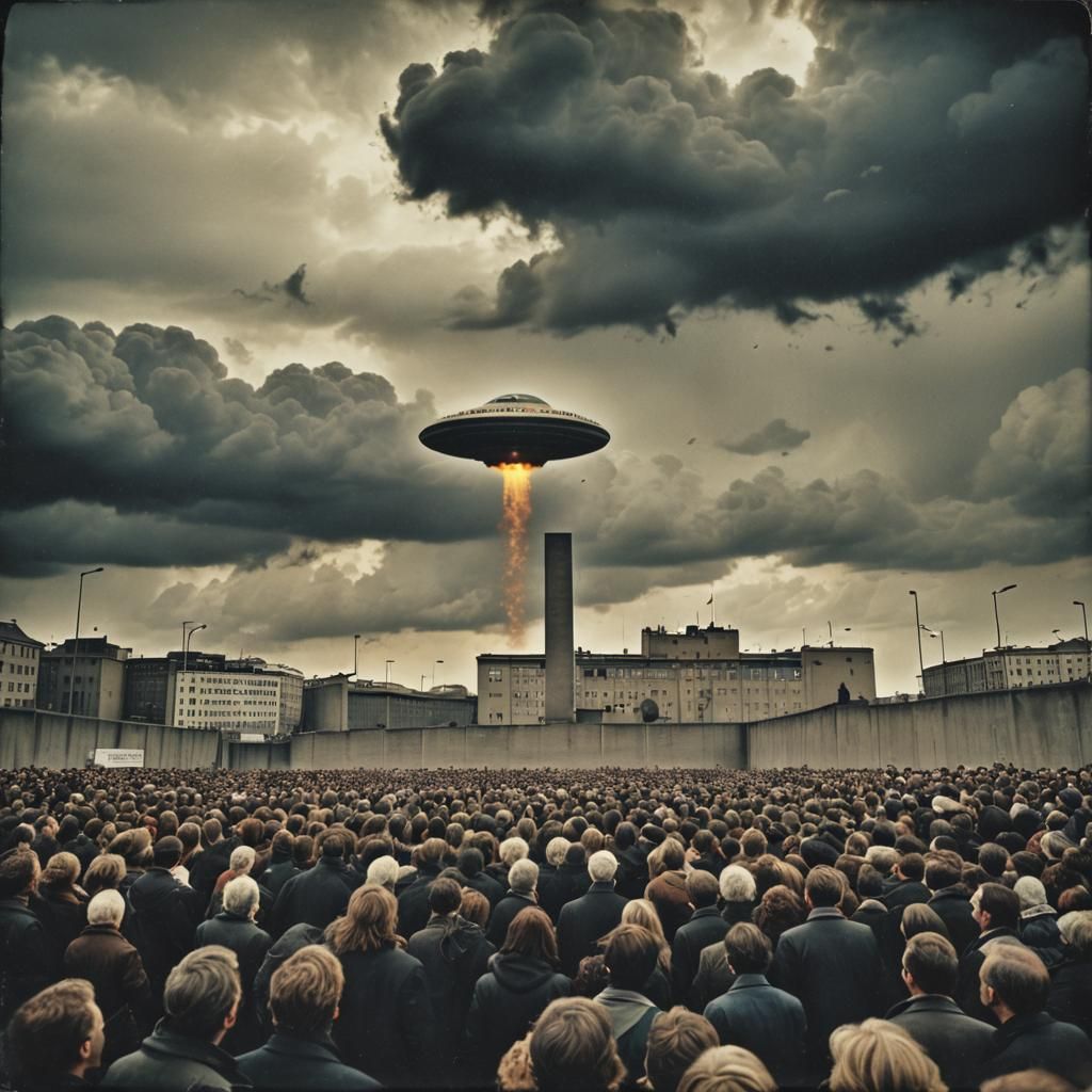 UFO hovering over Berlin wall 1985 - AI Generated Artwork - NightCafe ...