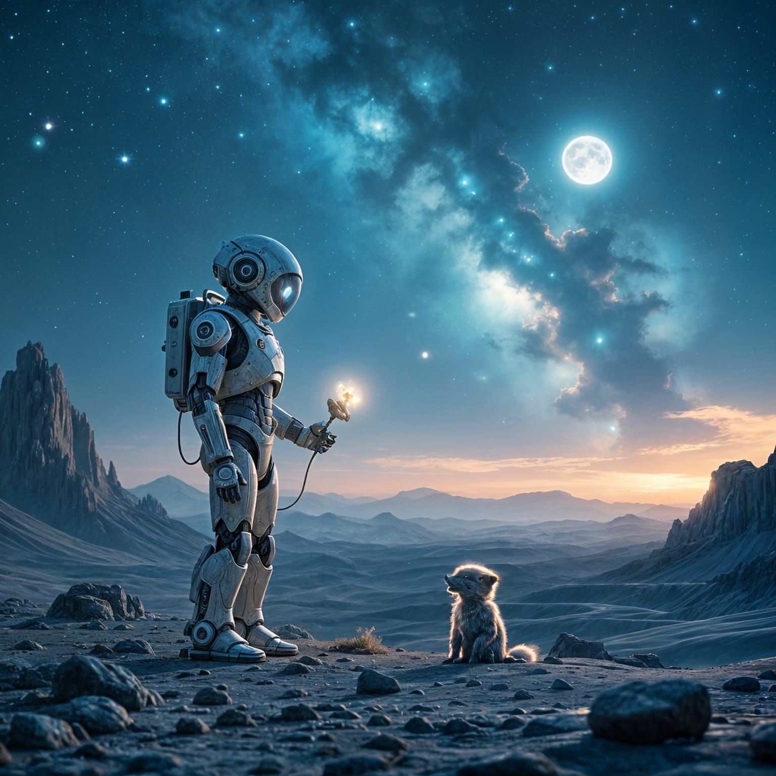 Photorealistic picture with a lone, weathered robot with a single glowing optic, stands on a desolate, ...  by @undefined