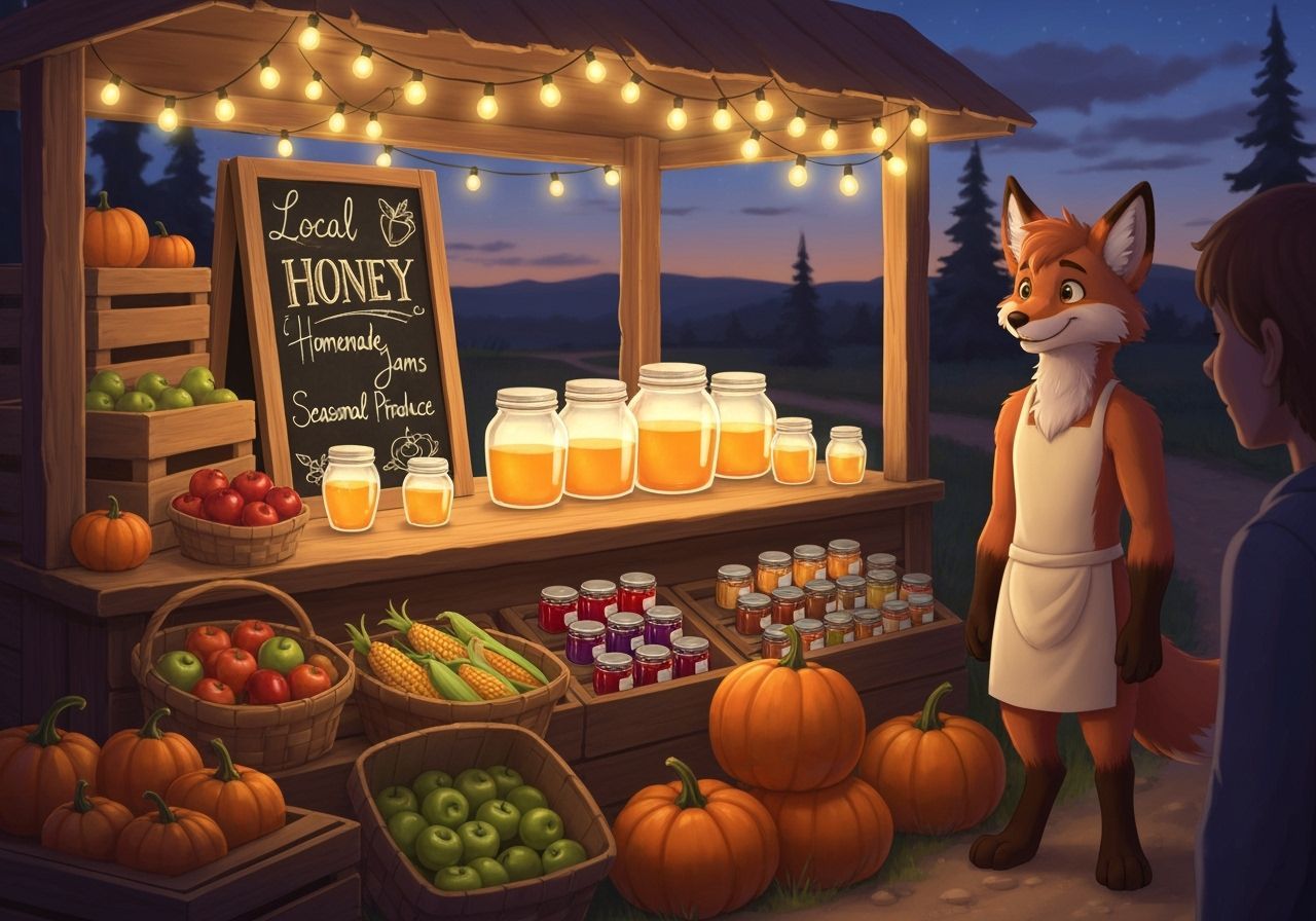 A whimsical rustic farm stand at dusk, with a wooden counter overflowing with baskets of fresh, seasonal ...  by @Kosh