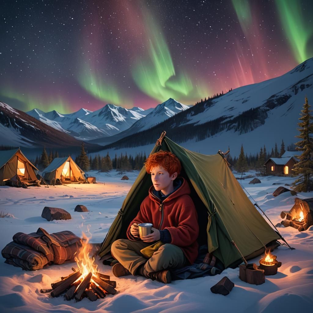 Boy in Tent Under Aurora, Fantasy Concept Art