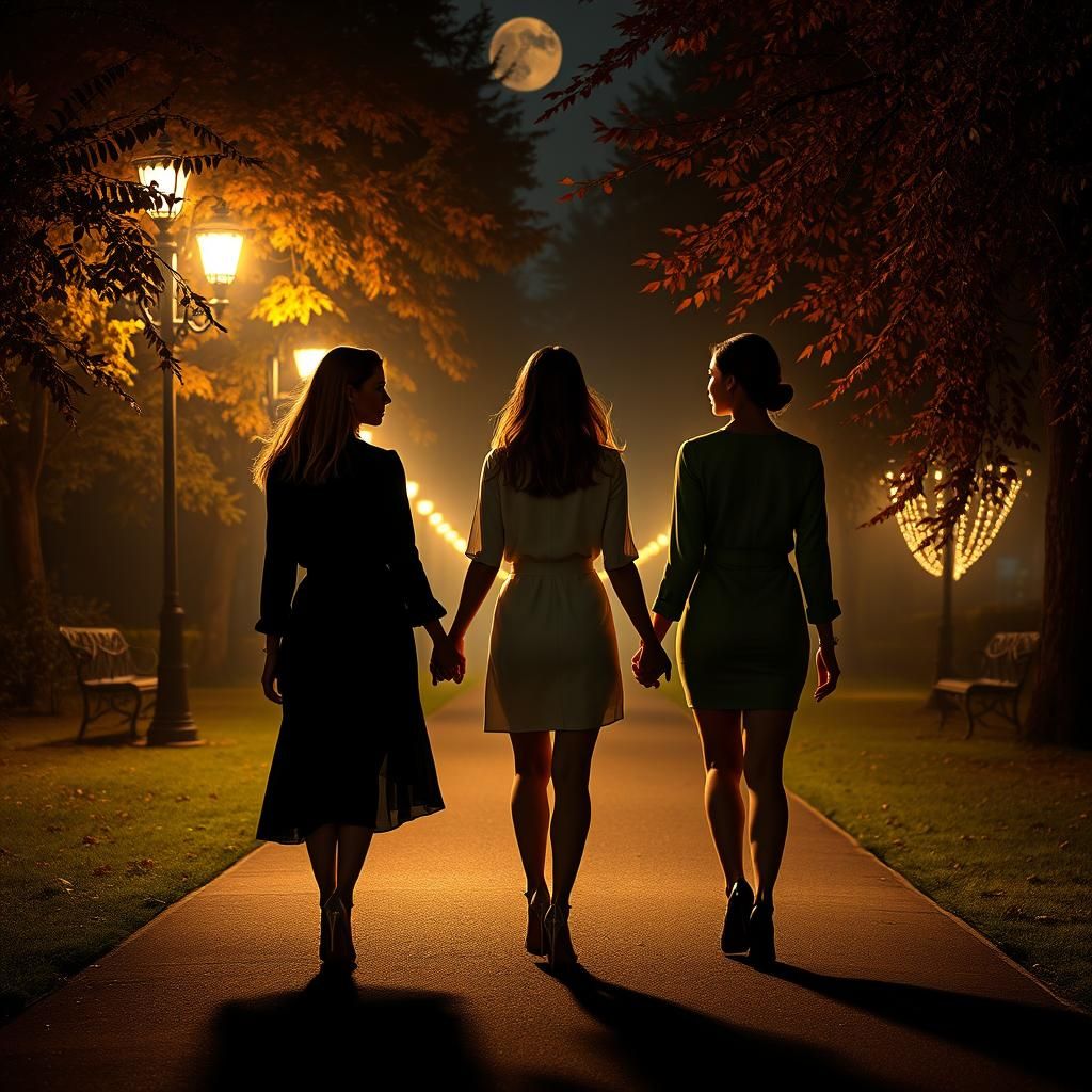 See them walking in the park long after dark, (photorealisti...
