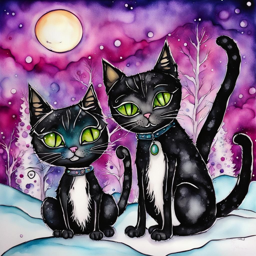 Cats ,whimsical misfits little cats at winter time, alcohol inks ...