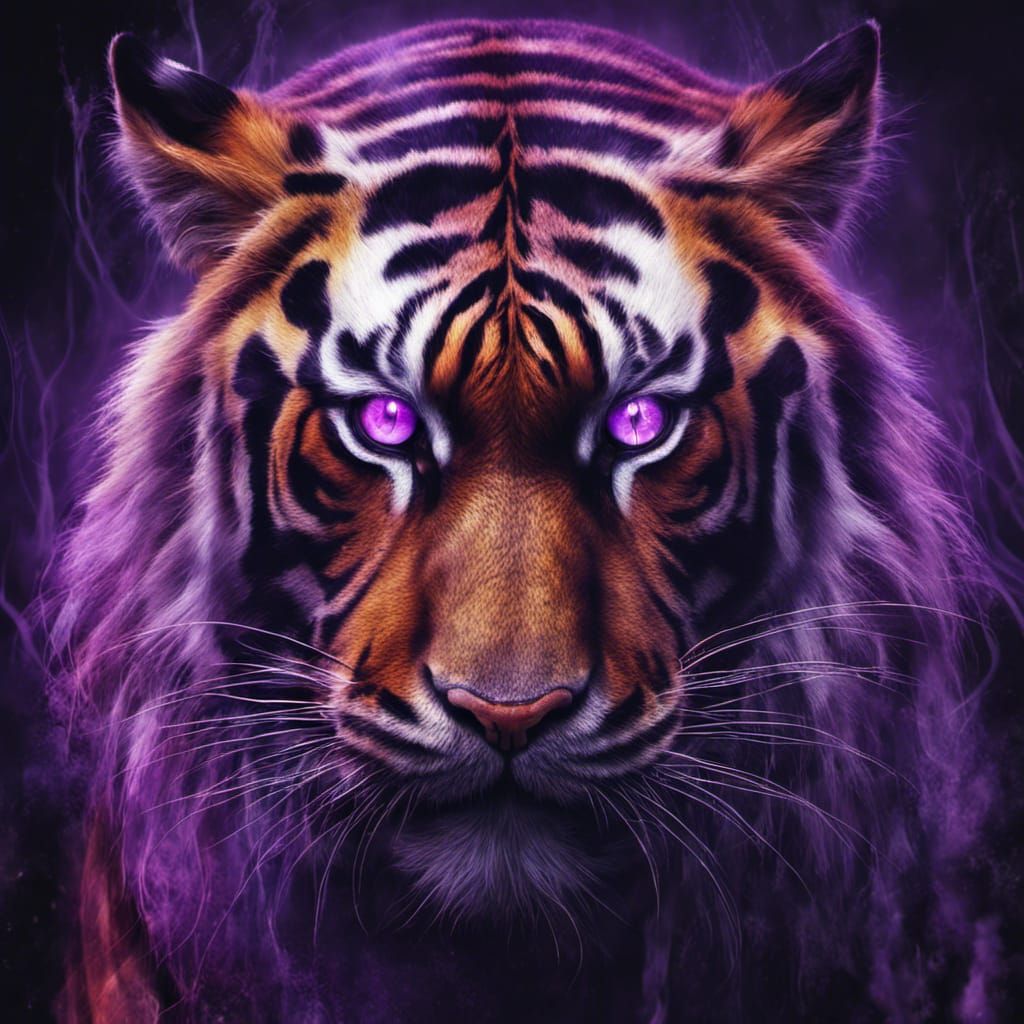 Tiger with violet eyes and stripes, bright colors and deep b...