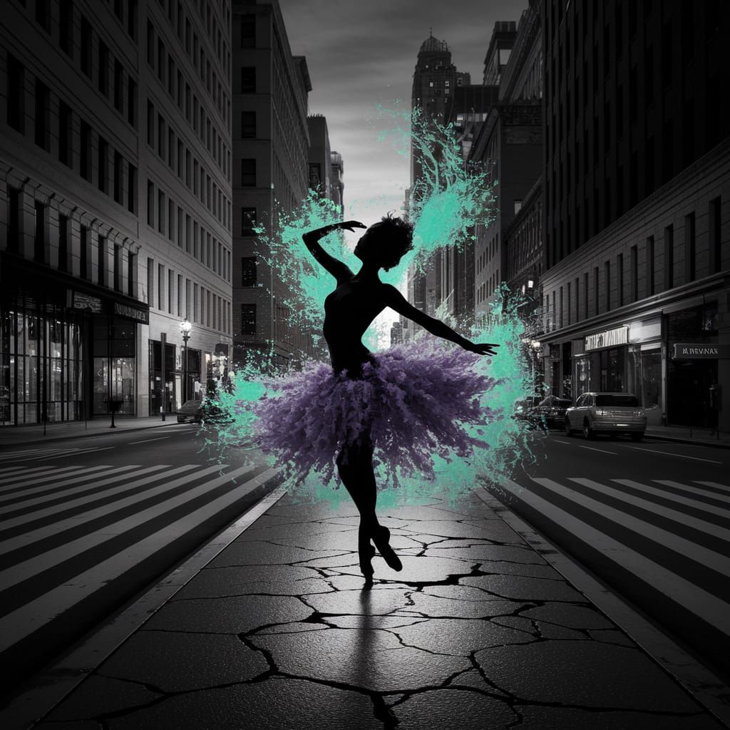 surreal black and white cityscape at twilight, all details in grayscale except for a splash of glowing ...  by @Aine Boden