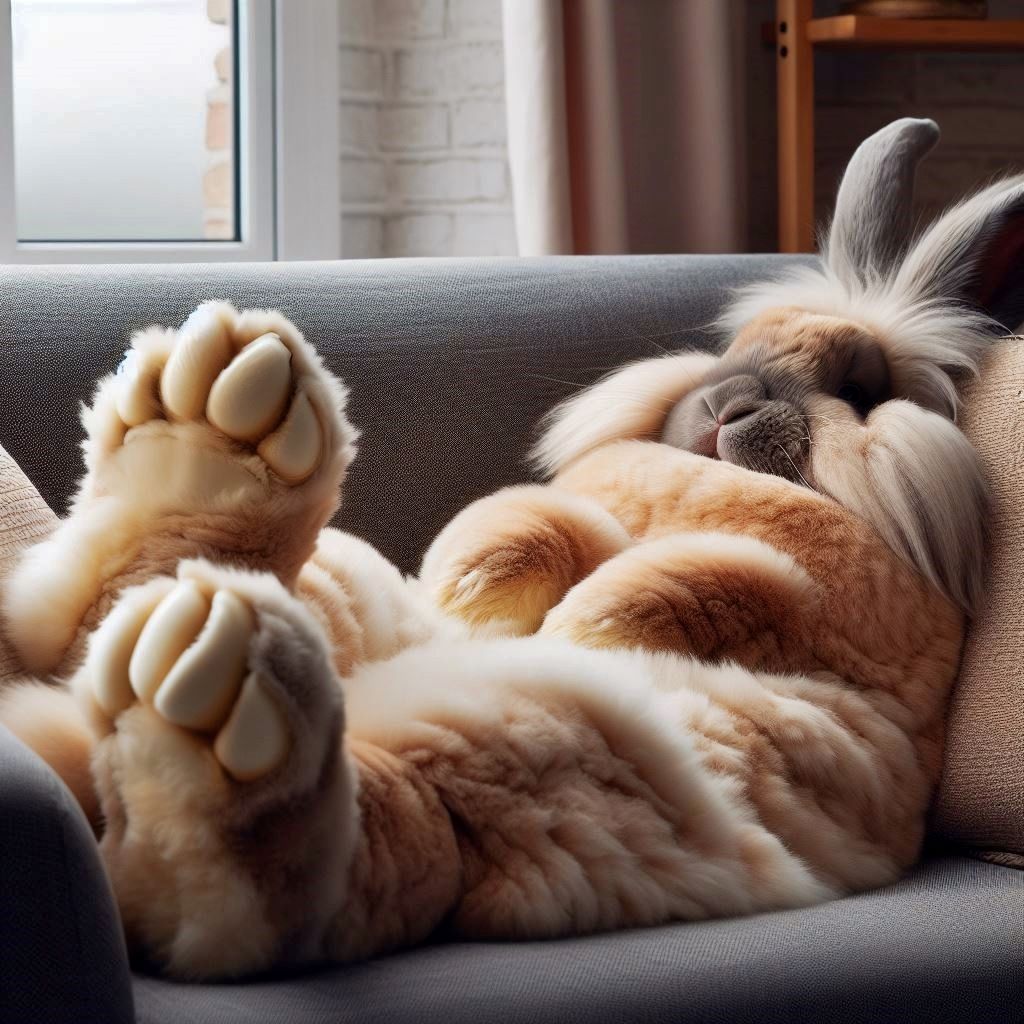 Flemish Giant relaxing on a sofa