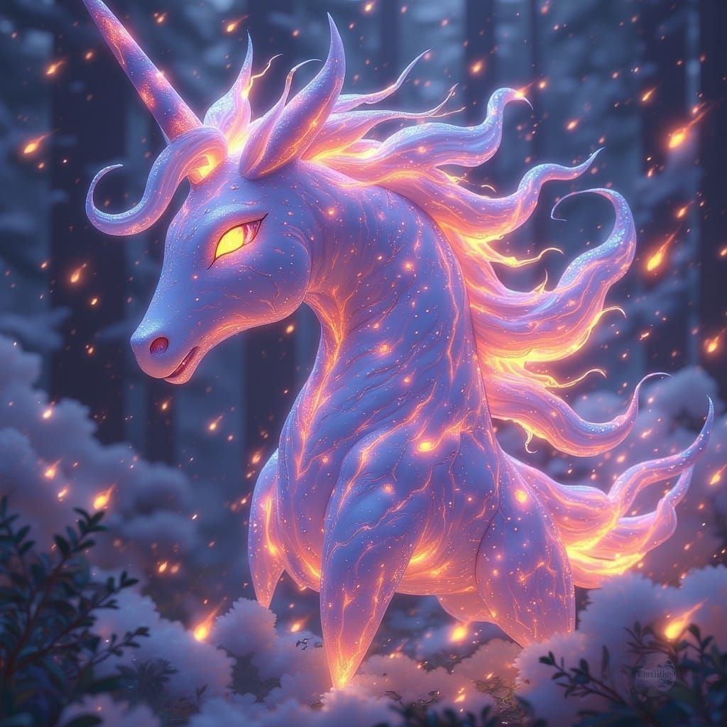 <lora:Fantasy Creatures:1.0> A Psychic/Steel-type unicorn Pokémon with a horn capable of bending reality, in the style of cartoon realism,...