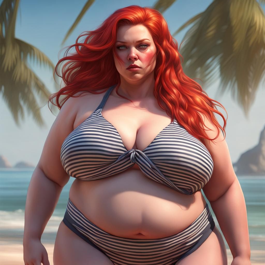 Morbidly obese hot woman with red hair full body bikini stri...