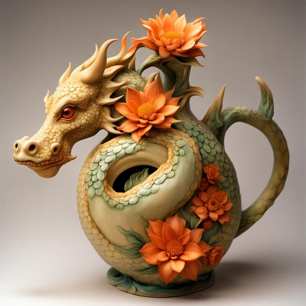 bizarre, whimsical, ceramic  Vase masterpieces of a dragon.
whimsical clay (dragon-shaped teapot:1.1) ...  by @ArtDreamer Selma