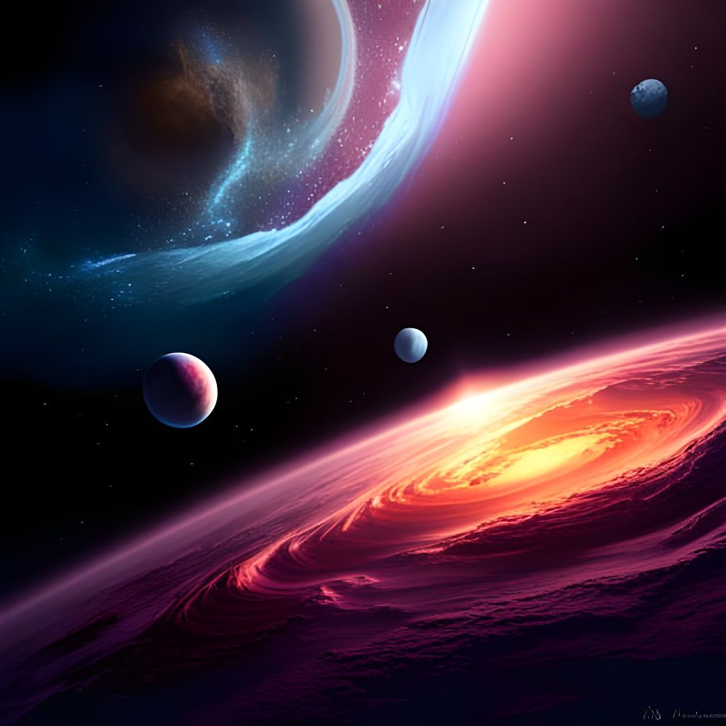 A digital painting of a cosmic space scene with a vibrant star and multiple planets in orbit  by @Hintero