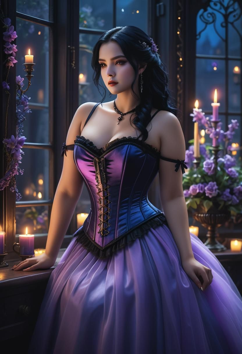 Gothic fashion dressed woman in candle lights