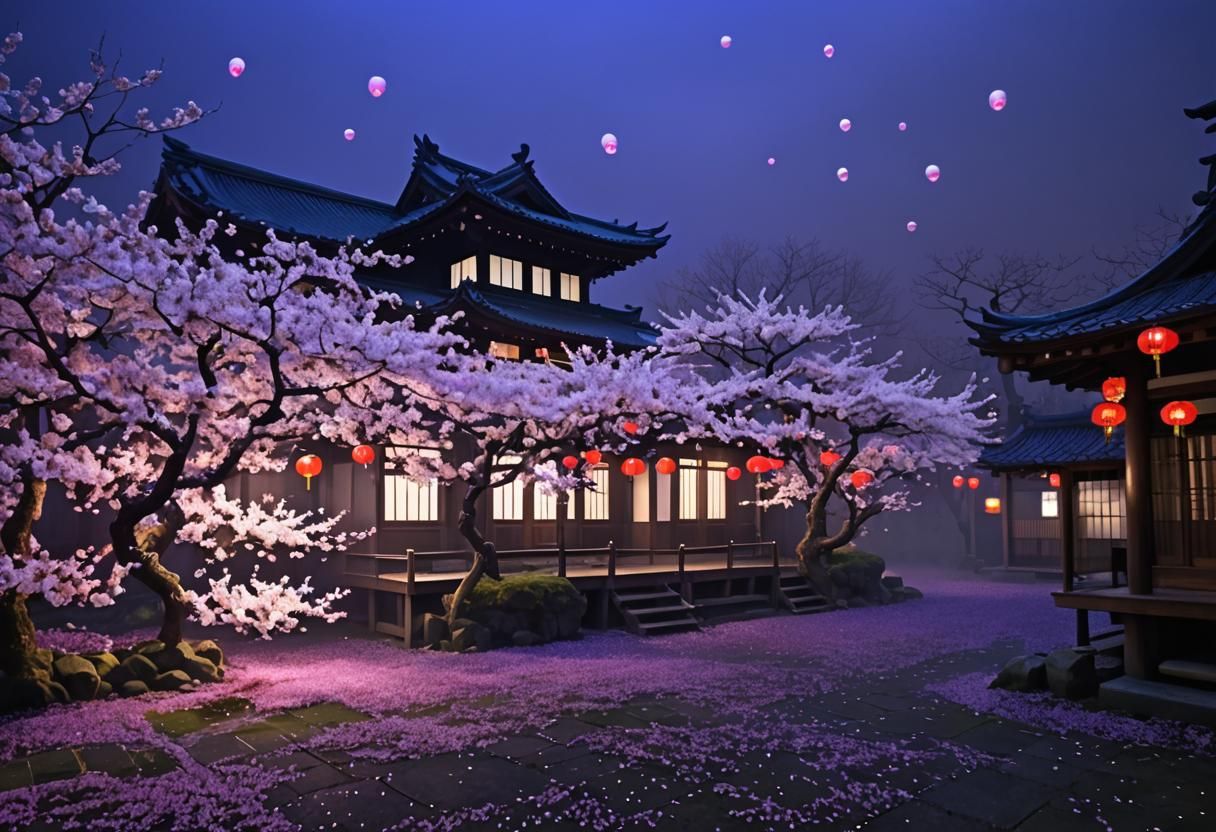 Japanese blossom tree, flying purple pedals, clear bubbles, ...