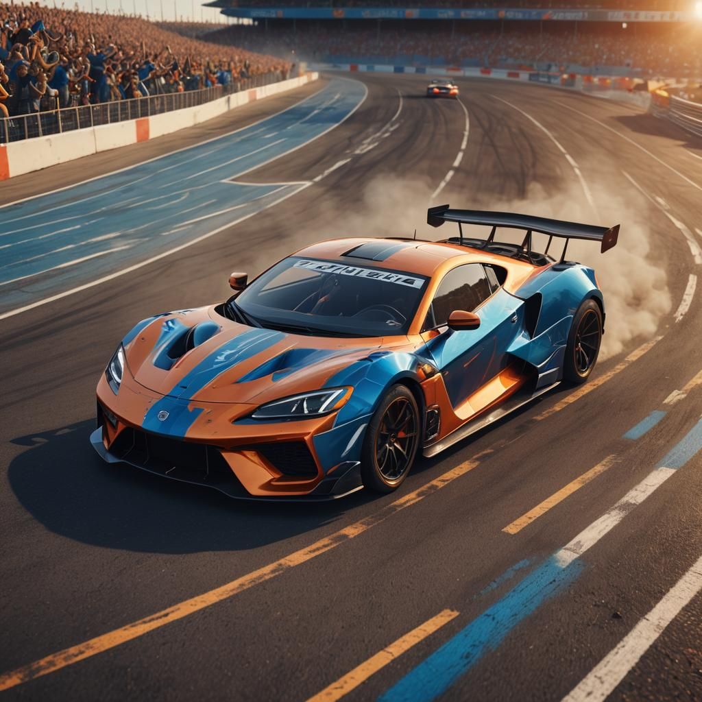 Exposed Engine Sports Car on Racetrack, Hyper-Realistic Art