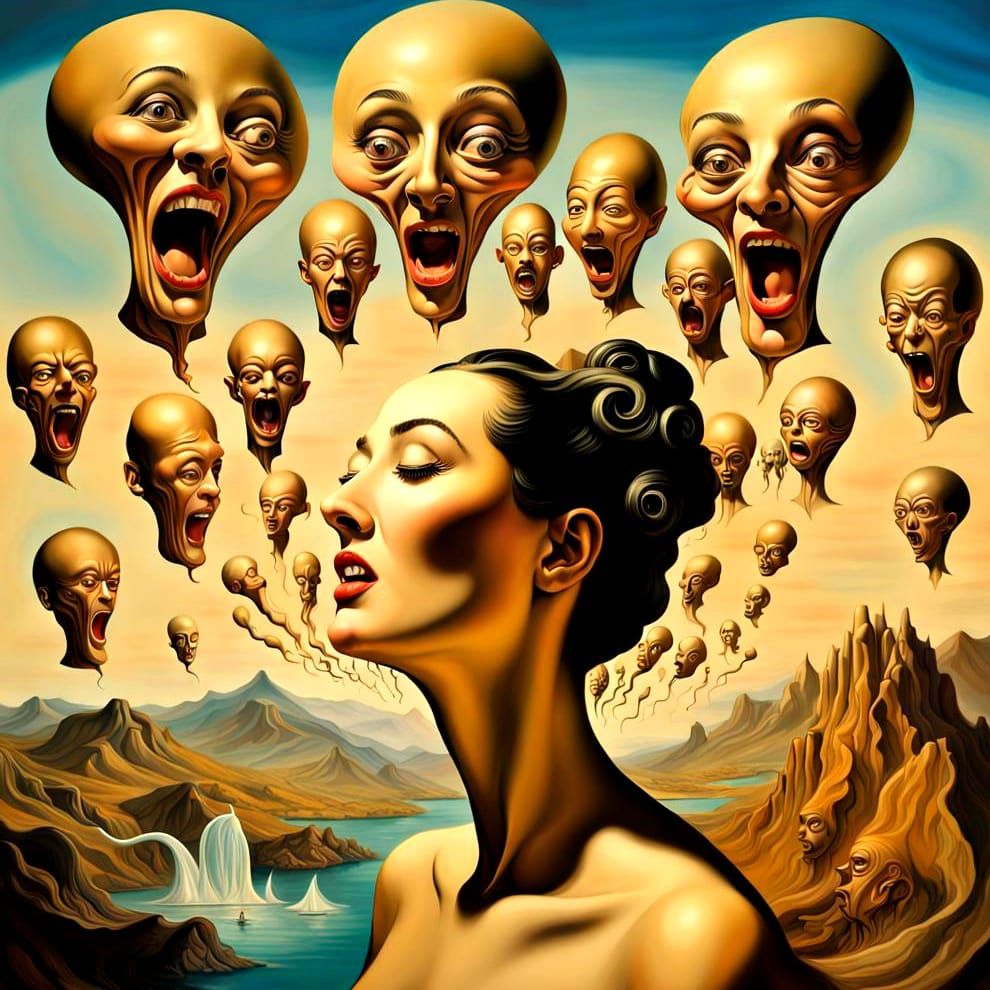 Surreal Woman with Many Faces in Dali Style