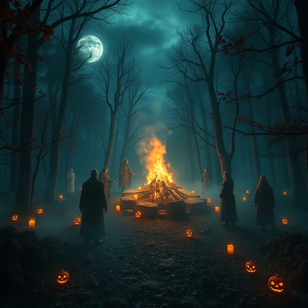 A bonfire glowing under the night sky Pumpkins and candles lighting up the scene Spirits or ghostly figures wandering through a forest A moo...