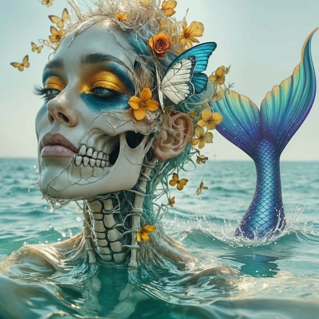 Surreal Double Exposure Portrait of Woman Emerging from Wate...