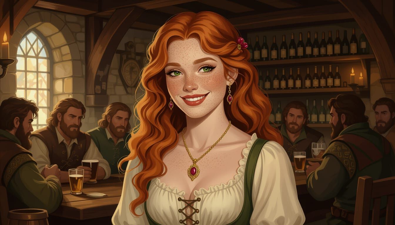 A freckled ginger thief with a sly smile, clad in a simple blouse and a gold and ruby locket necklace, stands in a dimly lit tavern, her cop...