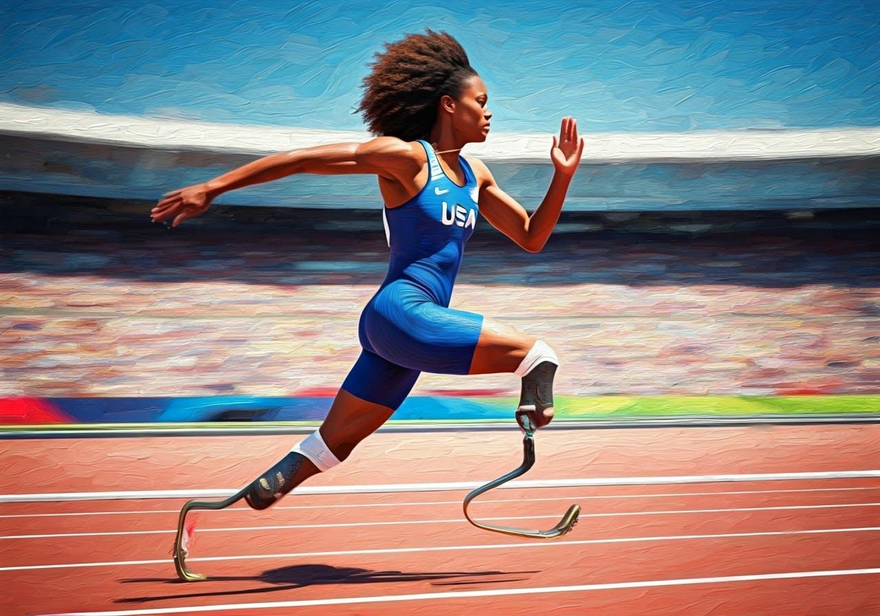 Dynamic action photograph of a female athlete with dark skin and curly hair, captured mid-stride on a ...  by @Exo1124