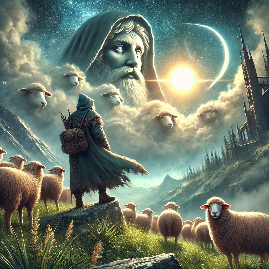 Shepherd watching over sheep