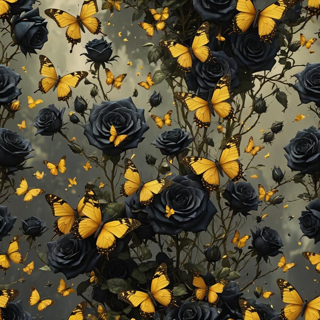 yellow butterflies black roses