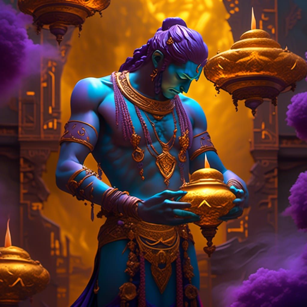 Mystical oil lamp, blue purple skinned JINN appears as cloud...