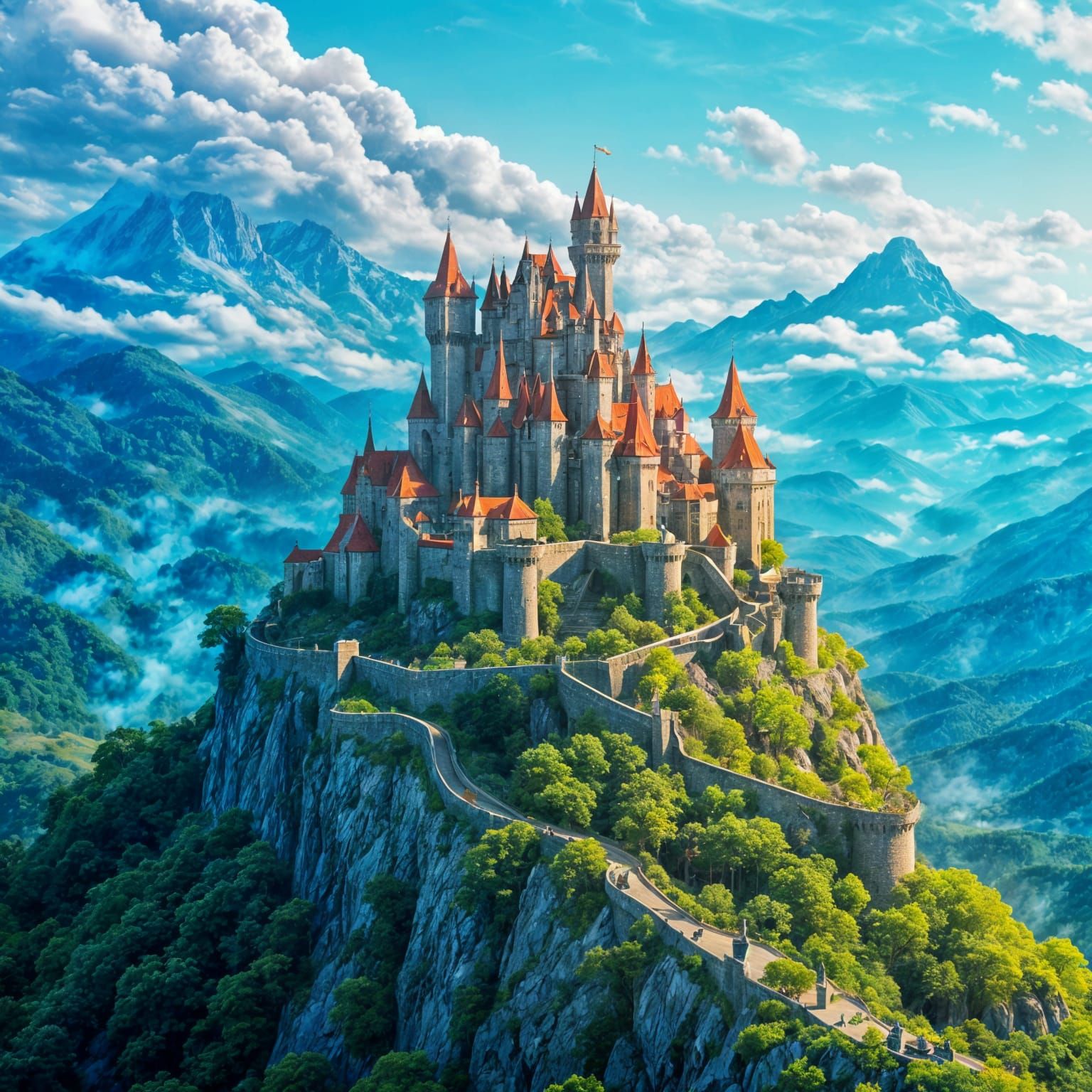 Fantasy Castle Perched on Steep Mountain Peak