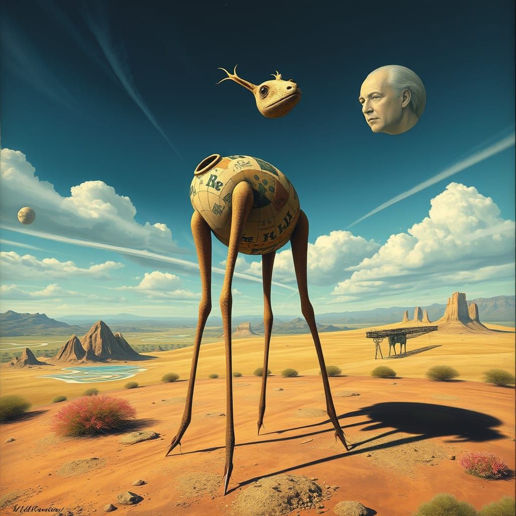 surrealist stilt-legged animal, collage artwork  by @Freja Novalie