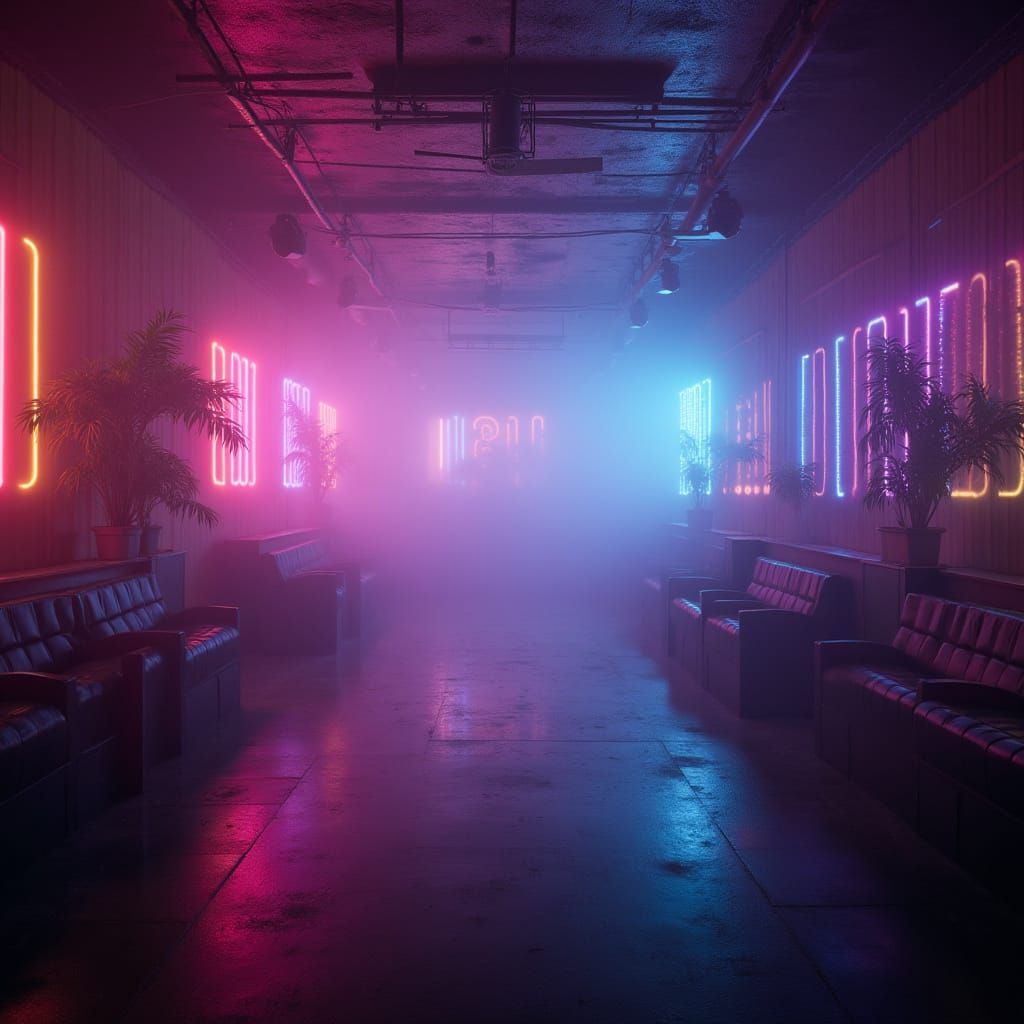 Dystopian Neon Karaoke Room with Vibrant Atmosphere
