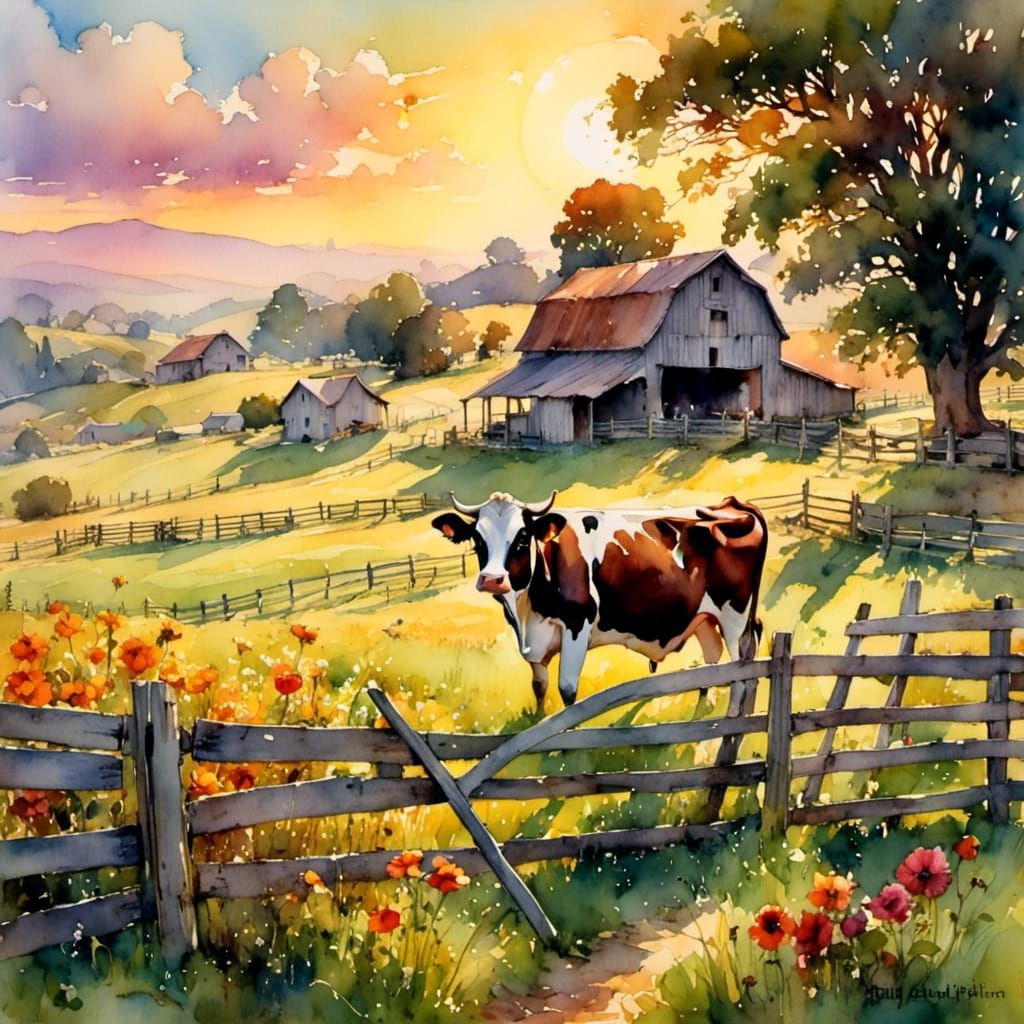 <lora:FairyTails:1.0> Cute cow on a farm, sunrise