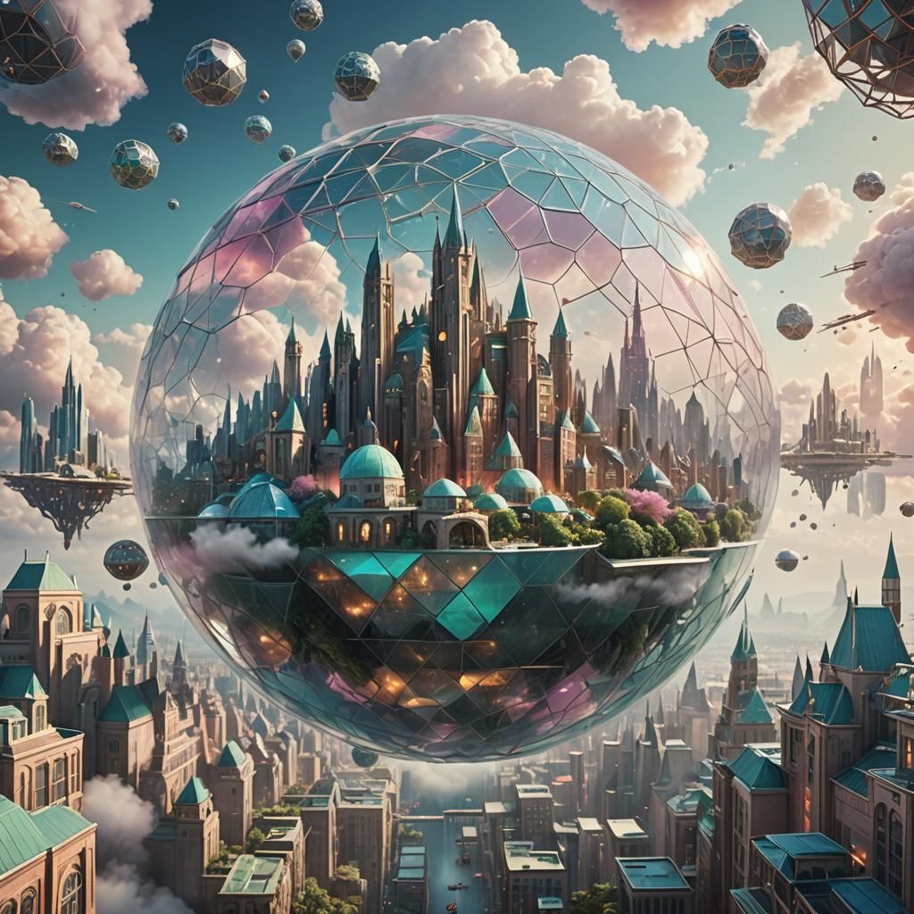 
Futuristic city inside a glass geodesic orb floating in clouds, 3d, dreamscape, ambient lighting pastel colours, light airy feel