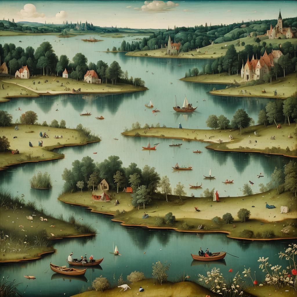 circle lake with a boat, beautiful renaissance painting of a...