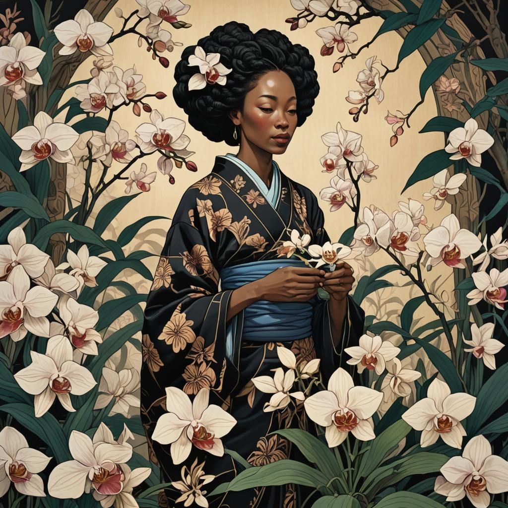 black woman holding and surrounded by orchids, Ukiyo-e, dyna...