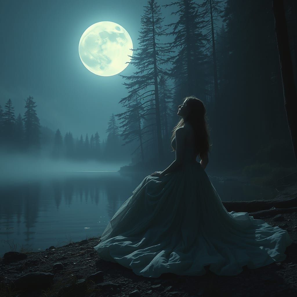A siren sits on the shore of a lake at night, in the forest. 