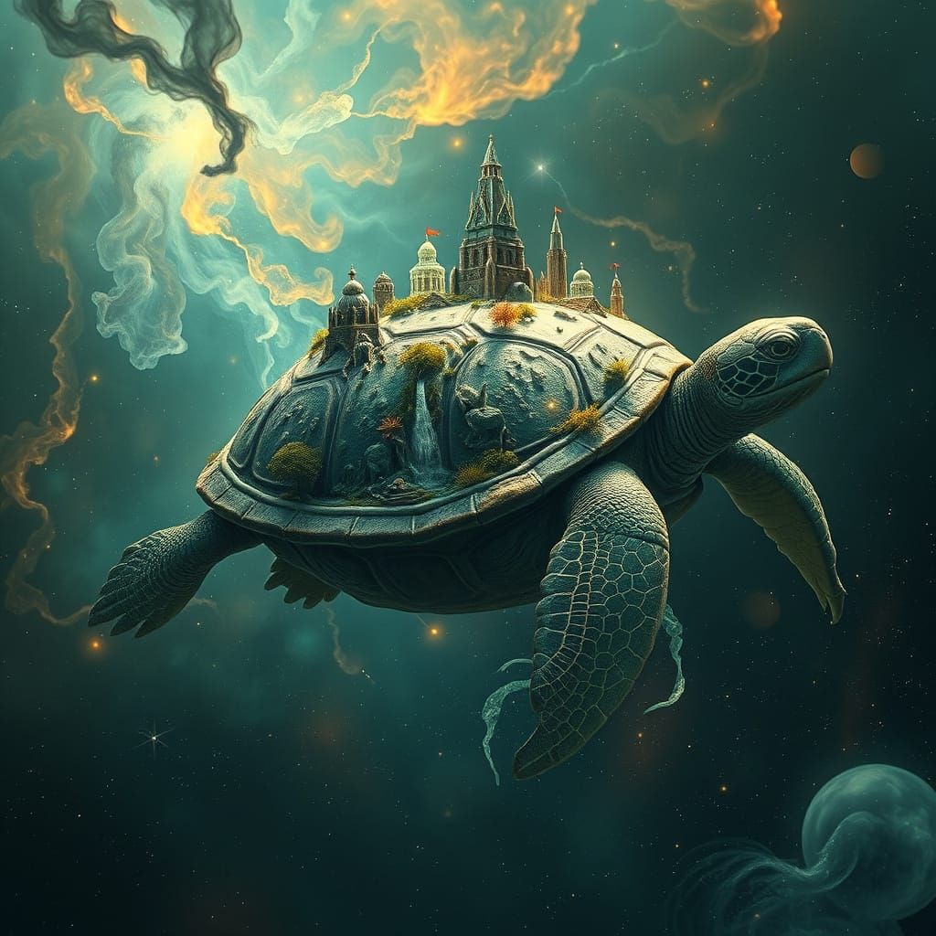 A colossal, ancient celestial turtle drifts through the void, its shell a miniature ecosystem of floating ...  by @Crush1980
