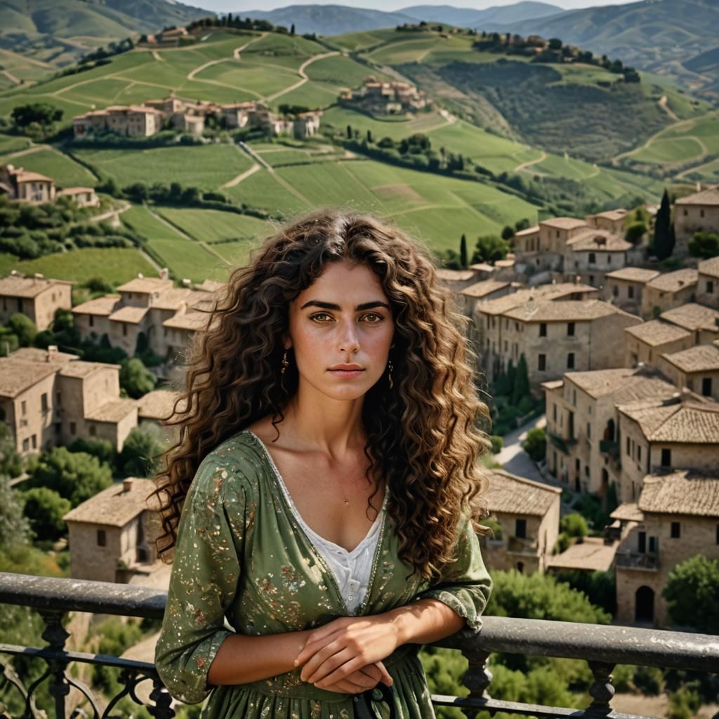 Beautiful sicilian woman with long dark brown curly hair and green-brown eyes, standing on a balcony surrounded by itali...