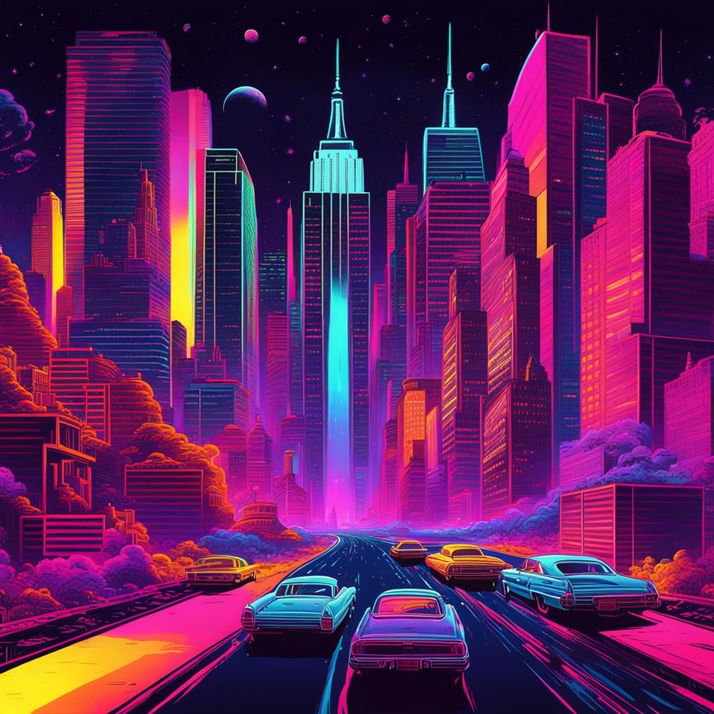 Manhattan in space psychedelic neon drugs trippy lsd