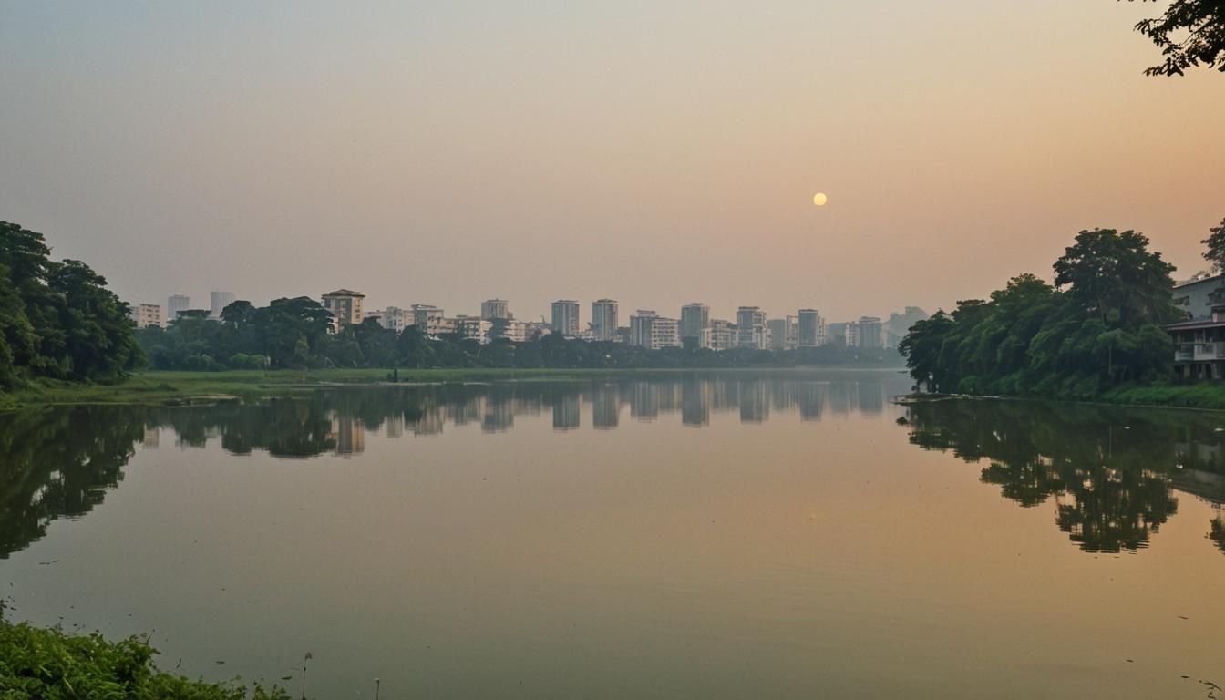 Near view, a tranquil lake at what seems to be either dawn o...