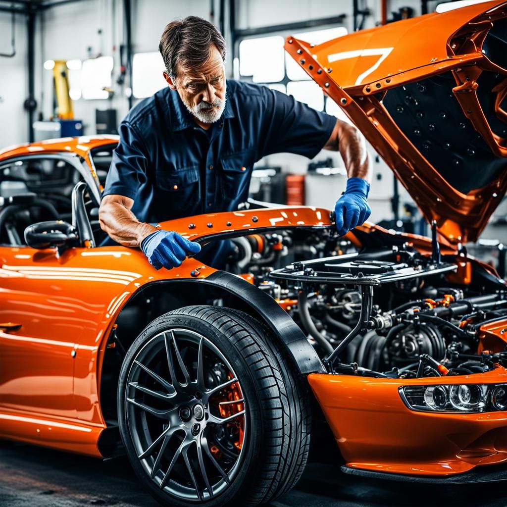 A mechanic man in a garage auto shop fixing an orange sports car. HDR, beautifully shot, hyperrealistic, sharp focus, 64 megapixels, perfect...