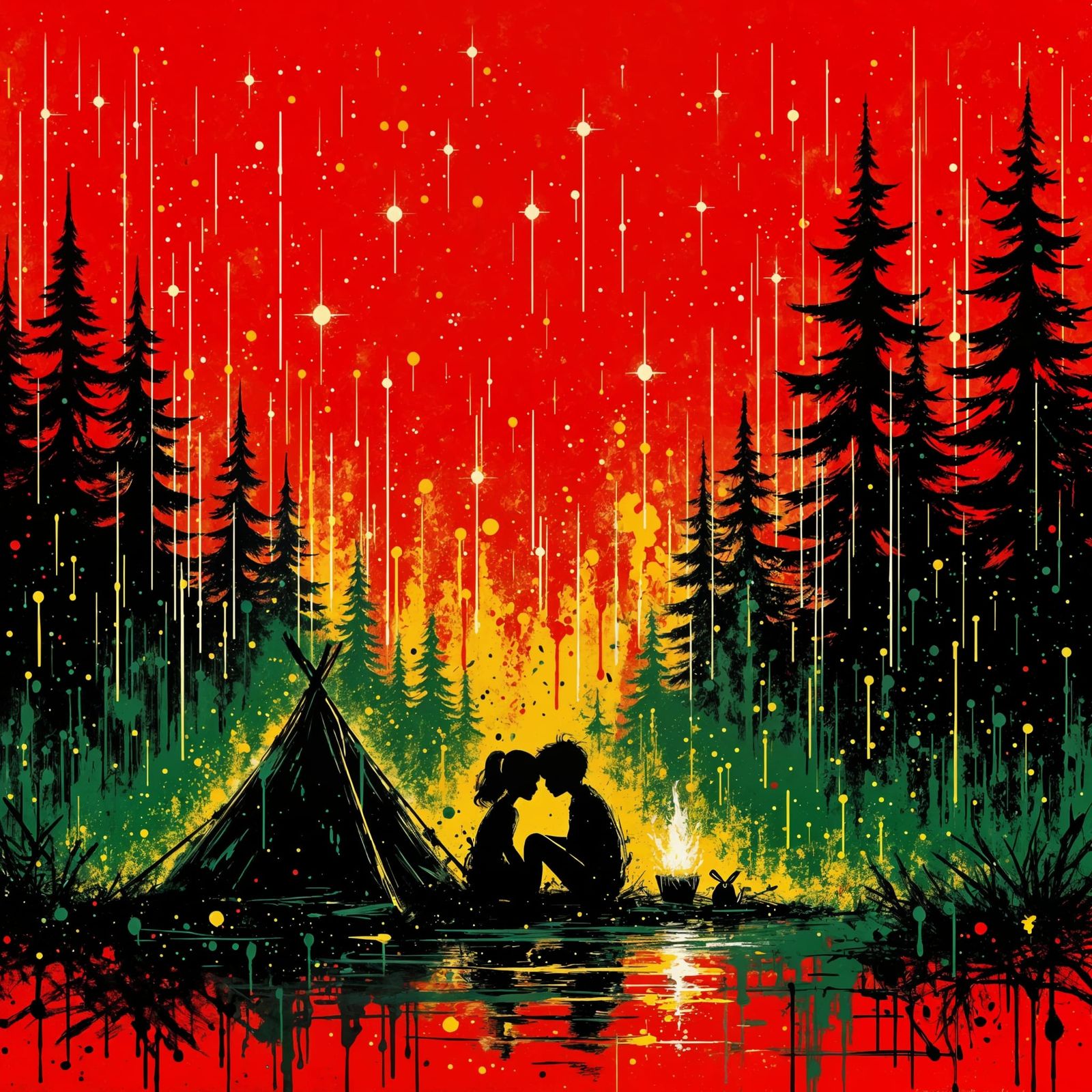 <lora:Splatter Art:1.0> Splattered impasto artwork of a rough outline of silhouettes of a couple cuddling at a tent and campfire, with subtl...