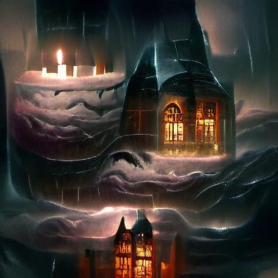 Dark academia cozy castle library with candles and storm