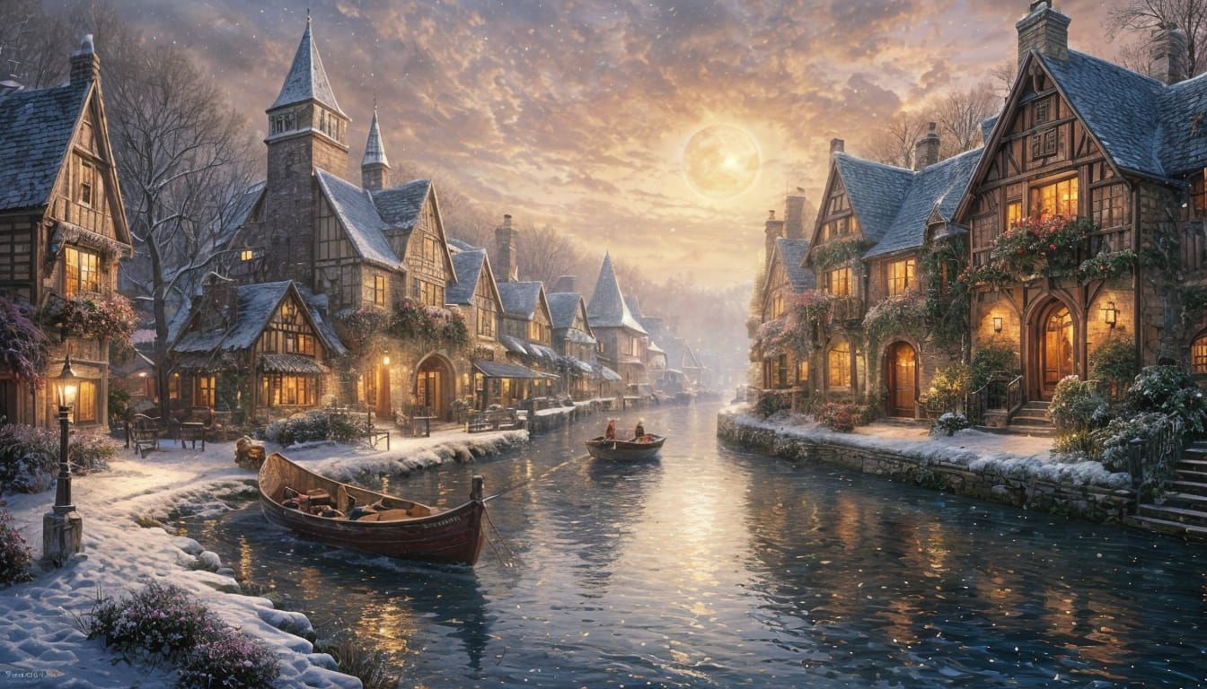 A charming medieval village, crossed by a tranquil river, where three small boats sail and another is ...  by @Carlos