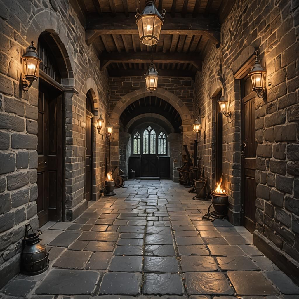 An ancient manor hallway with grey brick walls a cobble floo...