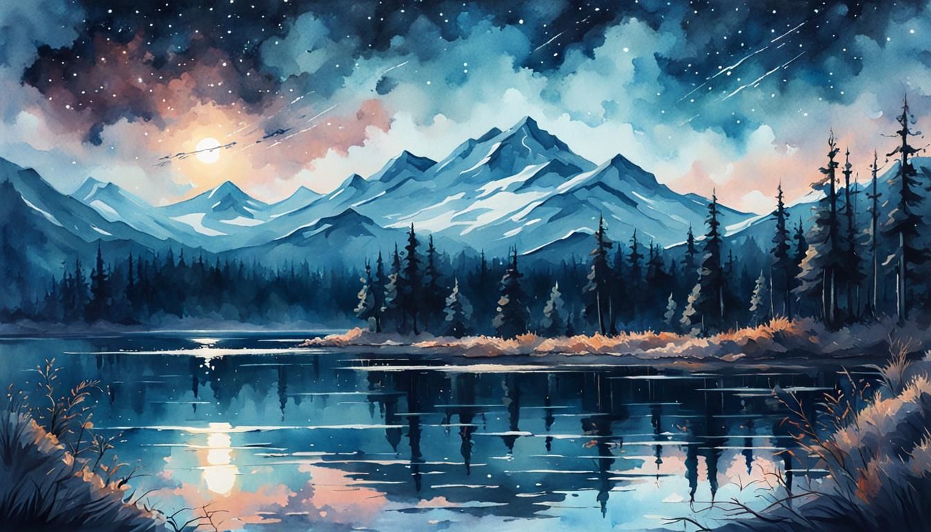 Starry Night Lake Reflection Watercolor Painting