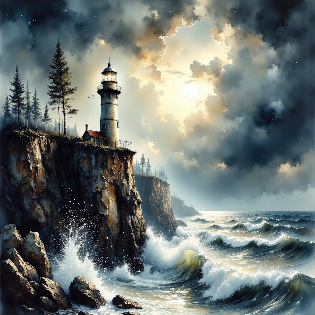 A lone, weathered lighthouse stands defiantly on a jagged cliff overlooking a stormy sea. Waves crash ...  by @Marv