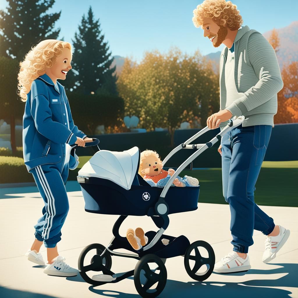 Toddler Pulling Man in Stroller: Fantasy Concept Art