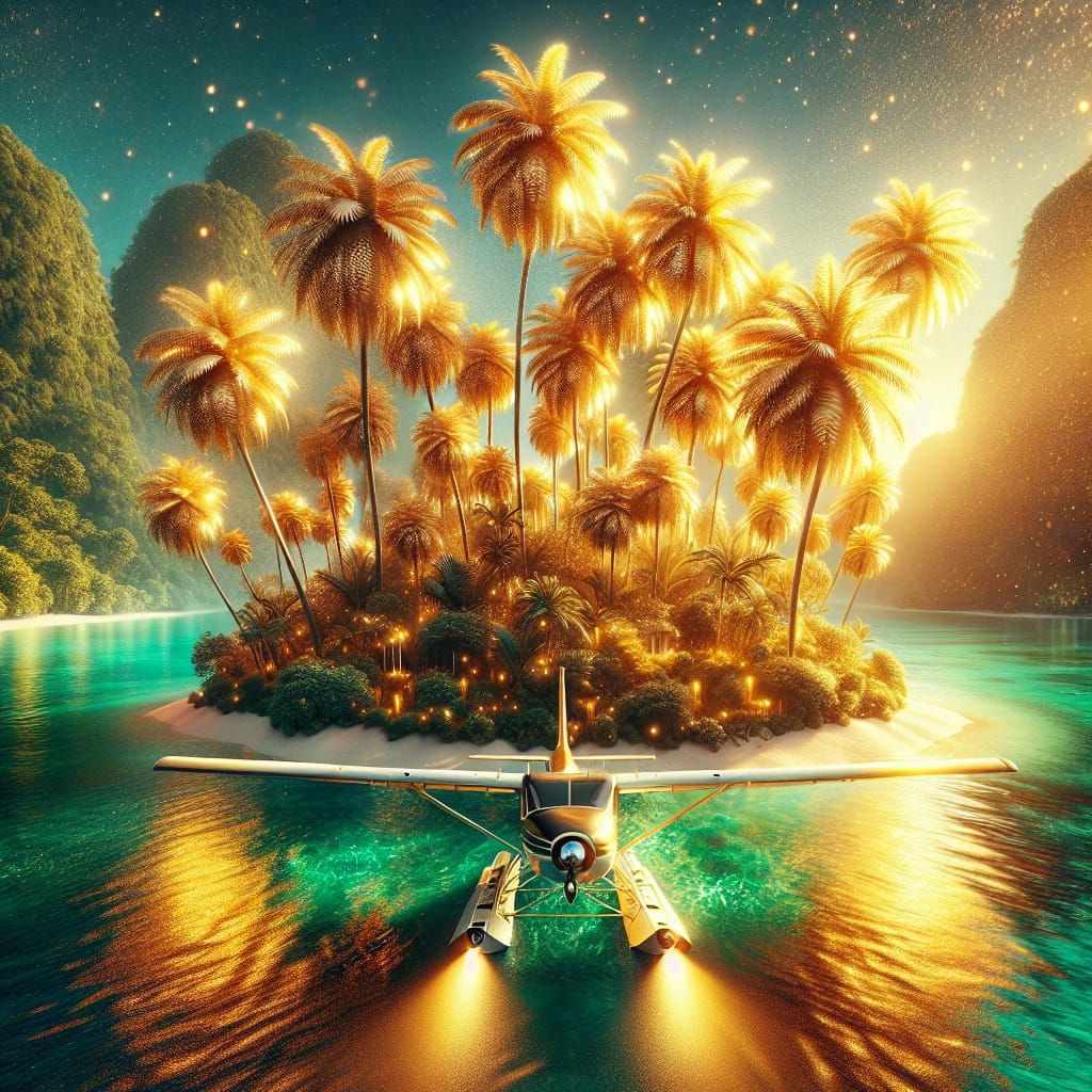 Ein Wasserflugzeug landet auf einer magischen Insel, auf der...