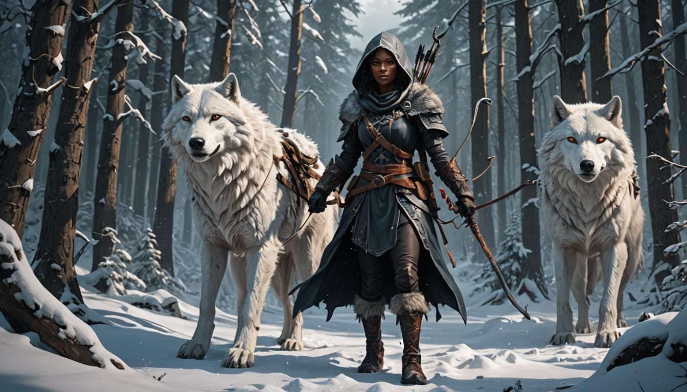 A lone dark woman warrior with a hood, holds a bow. Her frie...