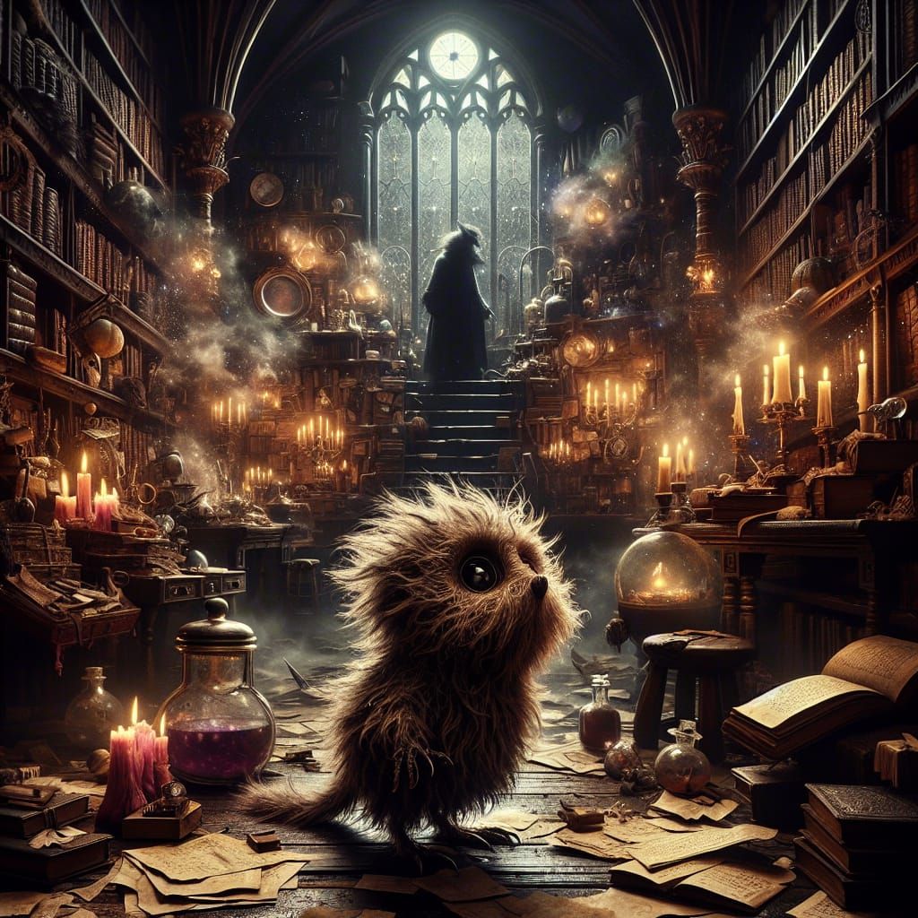 Flibbergibble, a disheveled, furry creature with a twitching nose, stands in the midst of a cluttered ...  by @Kaitrose