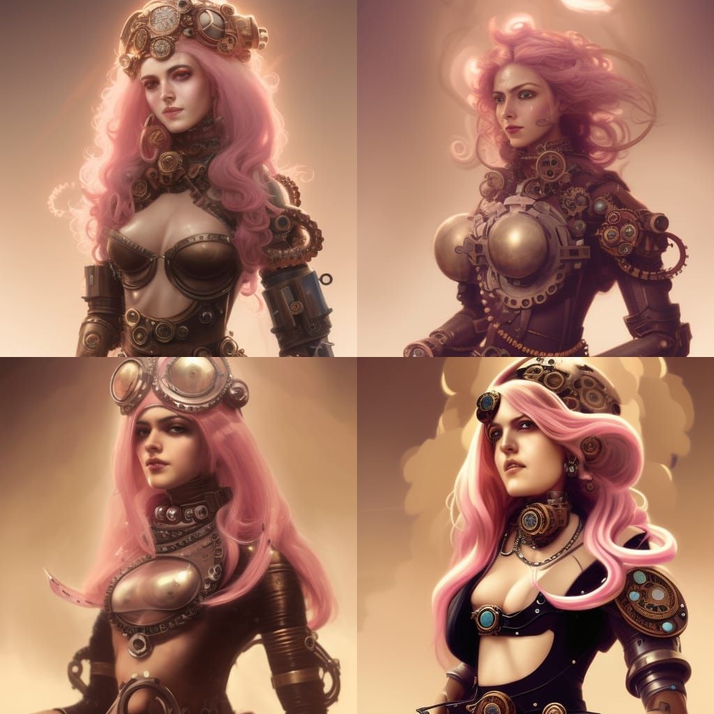 portrait of a middle-eastern steampunk woman, pale-pink hair...