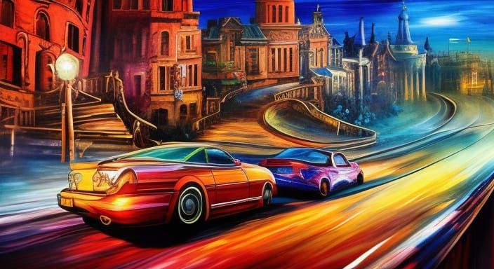 Many cars on city stairs, dramatic car chase, sense of speed, Hyperdetailed fantasy, Scratchy oil painting, ...  by @Somei